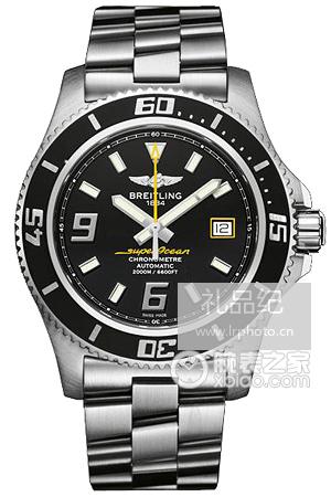 百年灵超级海洋系列精钢表壳-黑色表盘-深黄色秒针-专业型精钢表链腕表
